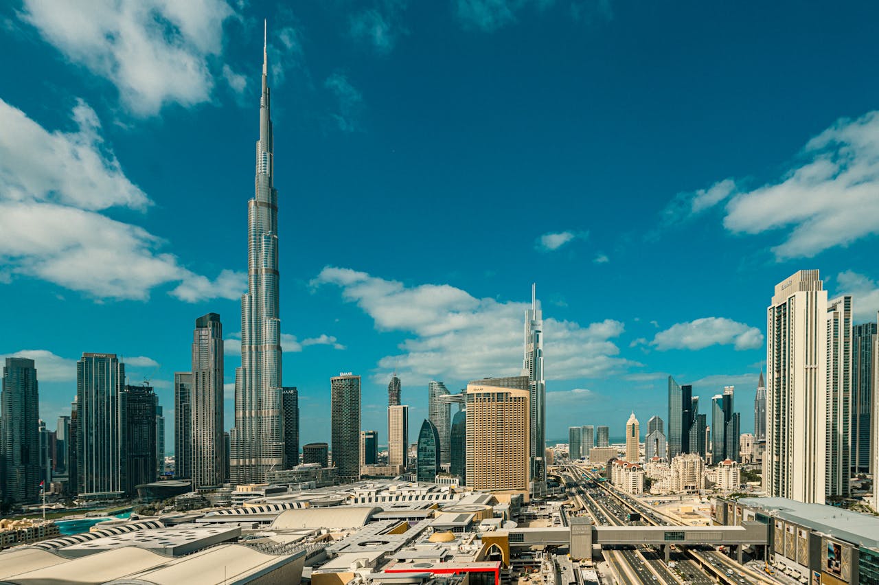 A breathtaking view of Dubai's skyline showcasing the iconic Burj Khalifa under a clear blue sky.